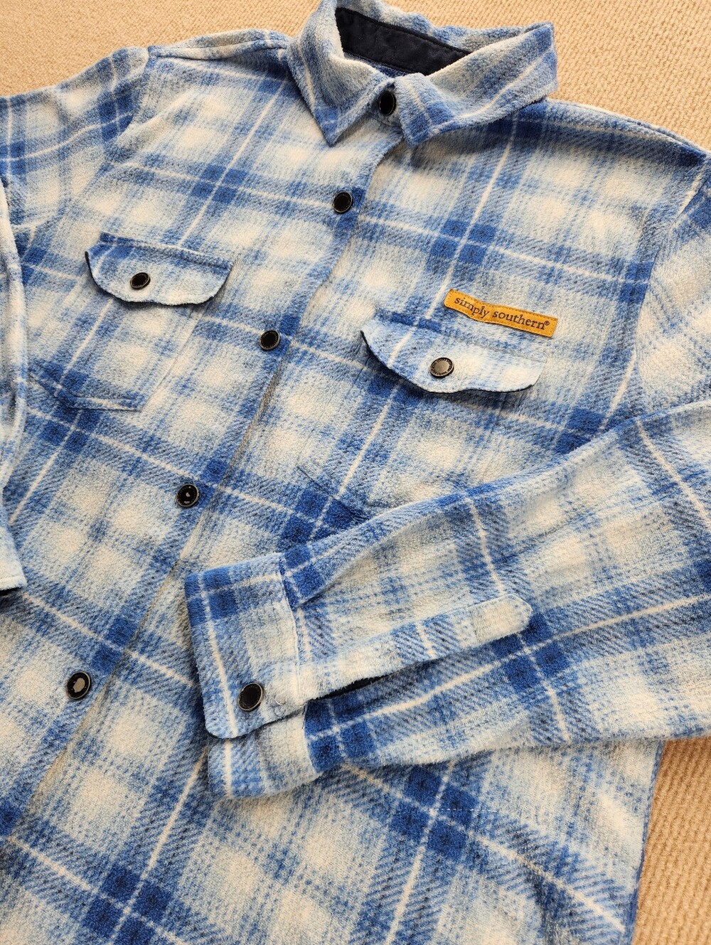 Simply Southern Women’s L Plaid Flannel Button-Up Shirt Blue/White Long Sleeve